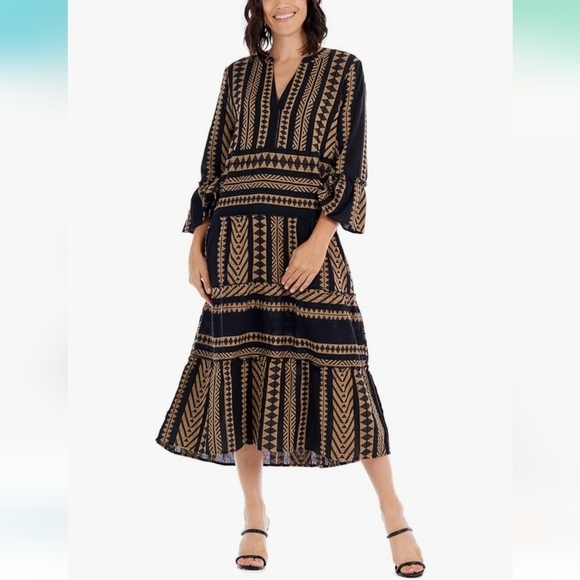Mud Pie Women's Midi Black & Tan Pattern Yarn-Dyed 100% Cotton Dress Sz Large - Picture 1 of 8